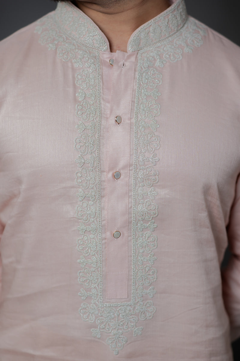 Blush Pink Linen Silk Kurta Set with Floral Zari Embroidery