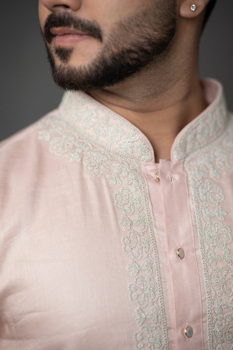 Blush Pink Linen Silk Kurta Set with Floral Zari Embroidery