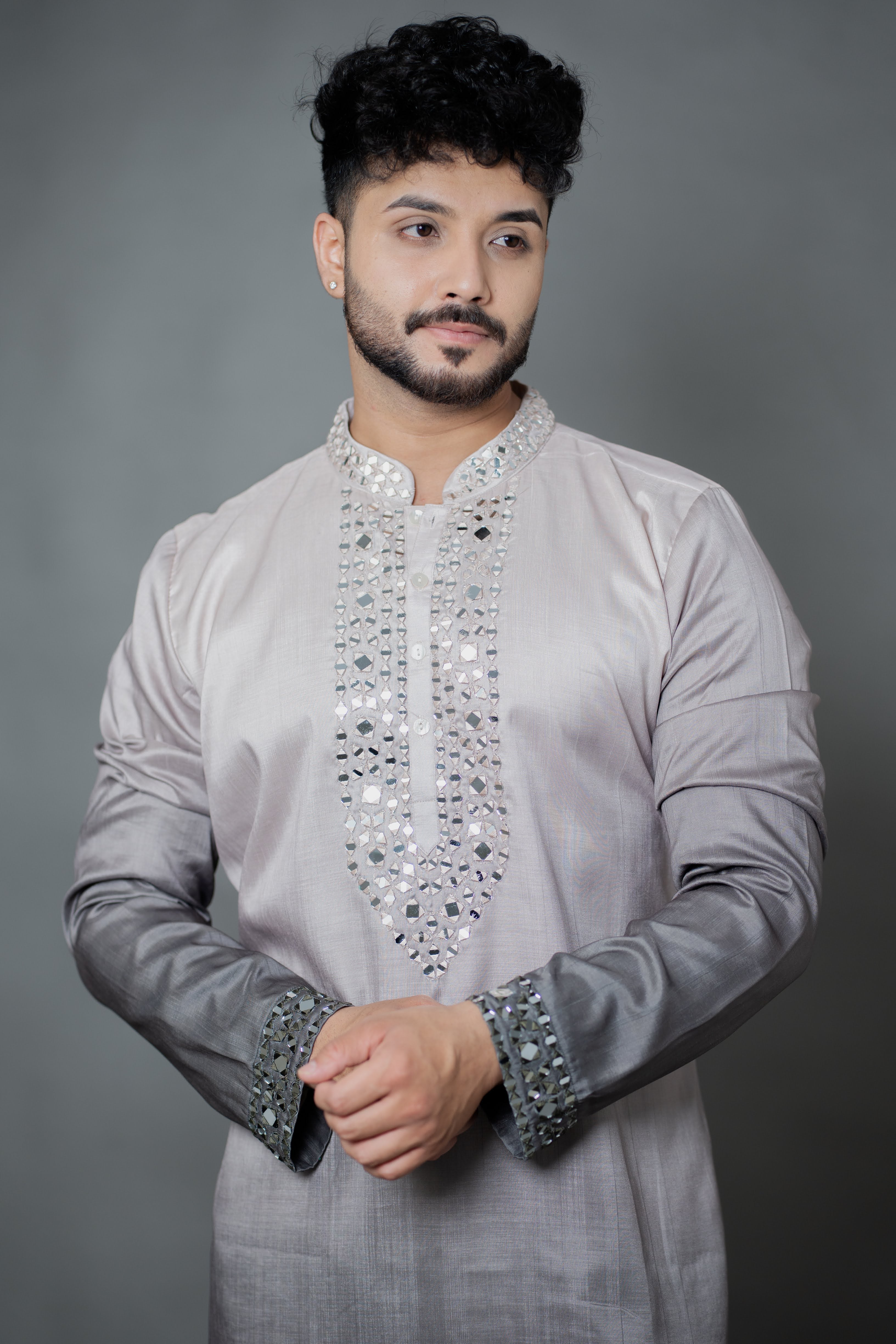 Grey Ombre Japanese Silk Kurta Set with Mirror Work