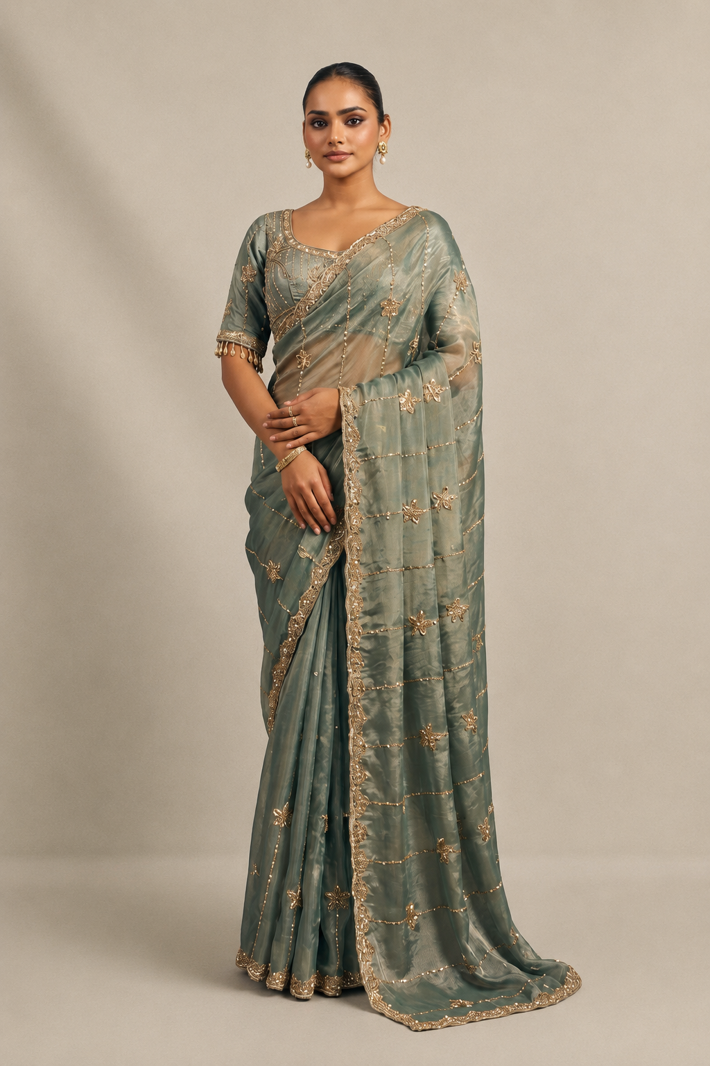 Light Teal Green Tissue Silk Saree with Hand Embroidery with Stitched Blouse