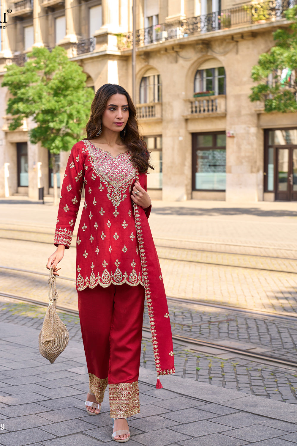 Crimson Red Silk Suit Set With Zari Embroidery