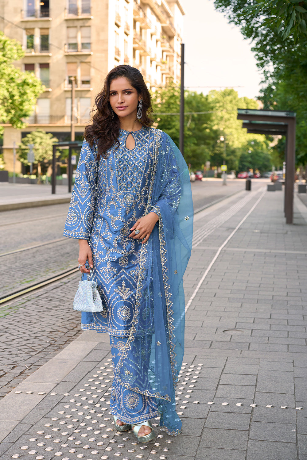 Sky Blue Silk Suit Set With Zari Embroidery