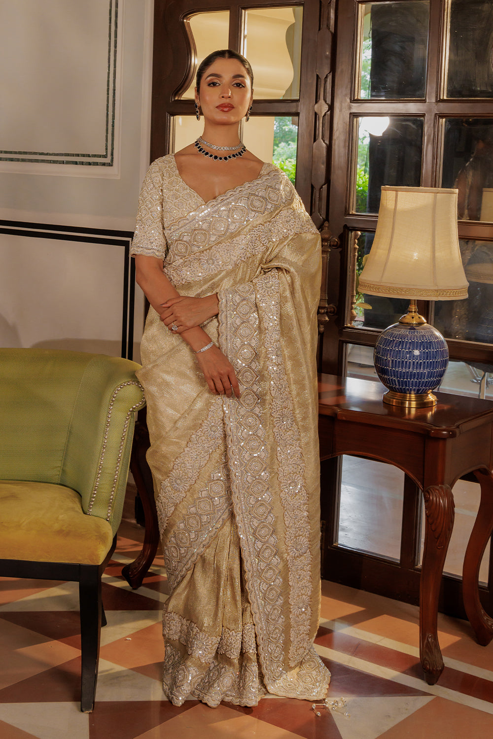 Beige Silver Zamdani Saree with Pearl Zircon