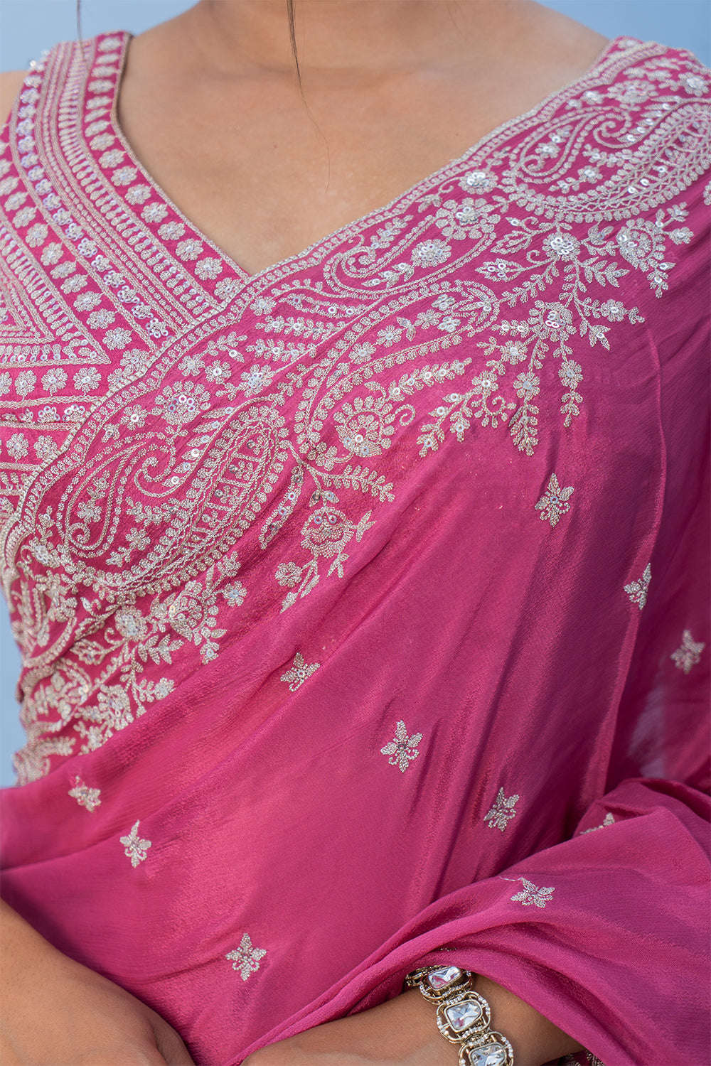 Two Blouse Concept – Rose Pink Crepe Silk Saree with Sequin and Zari Work