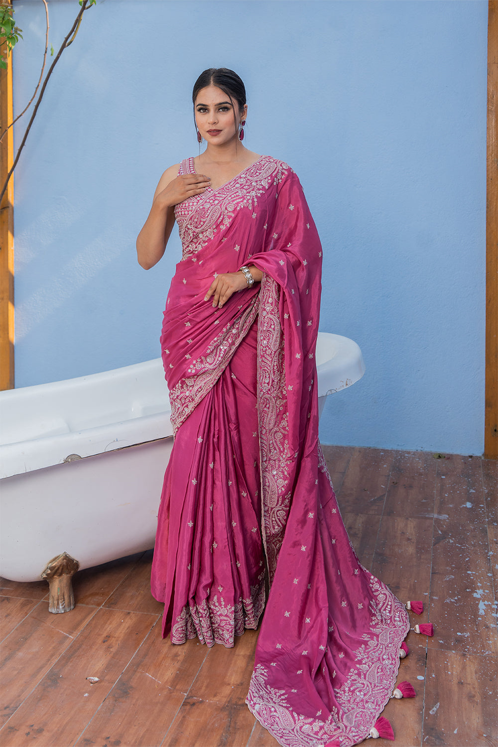 Two Blouse Concept – Rose Pink Crepe Silk Saree with Sequin and Zari Work