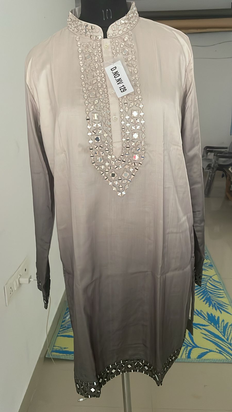 Grey Ombre Japanese Silk Kurta Set with Mirror Work