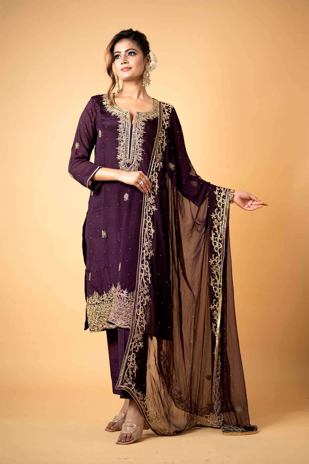 Wine Georgette Suit Set With Zardozi Embroidery