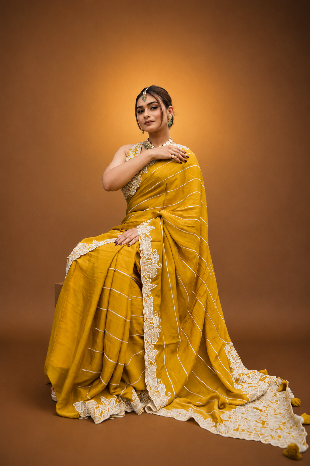 Two Blouse Concept – Marigold Yellow Designer Georgette Saree with White and Silver Embroidery