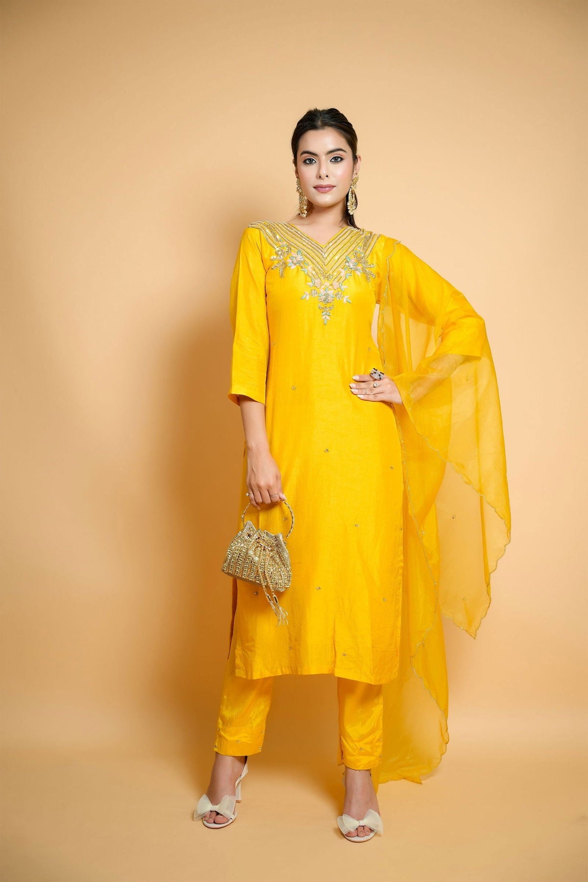 Yellow Silk Hand-Embroidered Suit with Organza Dupatta