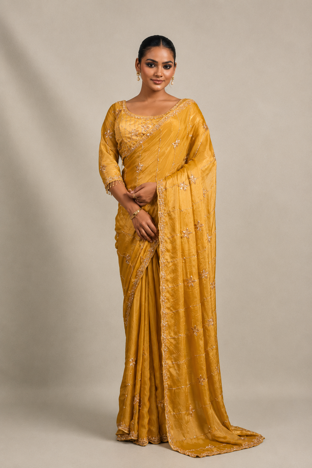 Yellow Organza Silk Saree with Hand Embroidery with Stitched Blouse