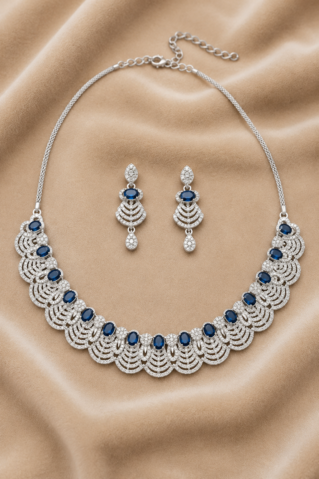 Midnight Blue Square-Cut Stone Necklace Set with Layered Diamond Fan Motif