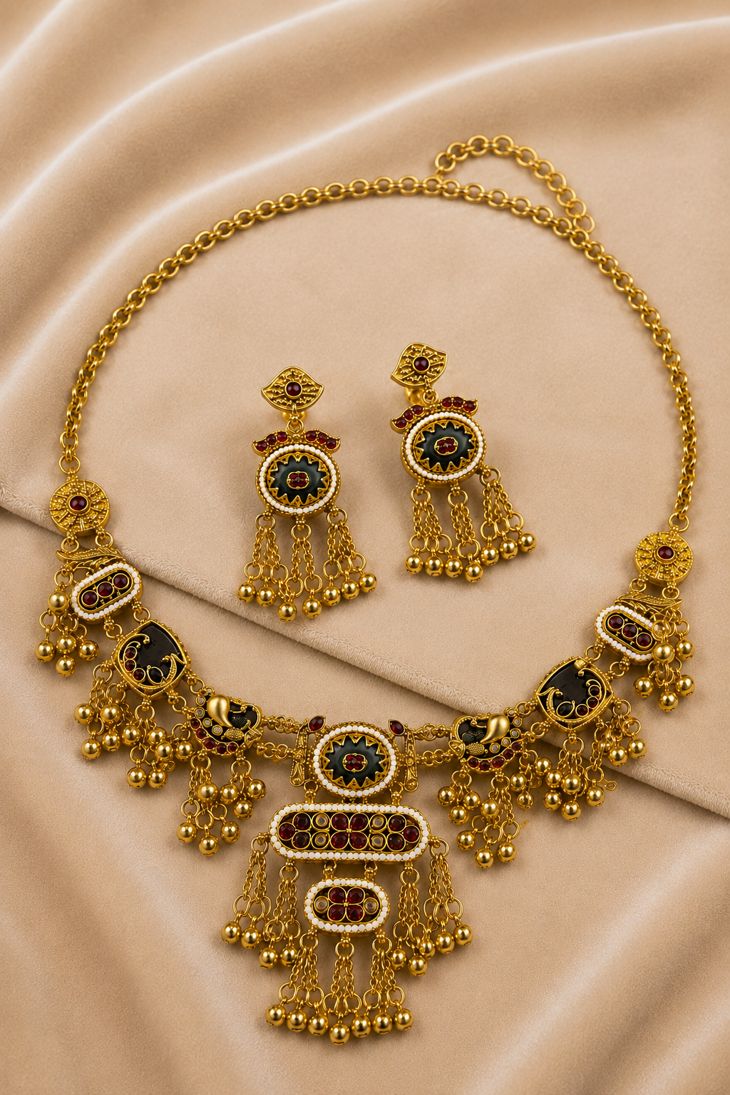 Gold-Tone Necklace Set With Red & Green Temple Design