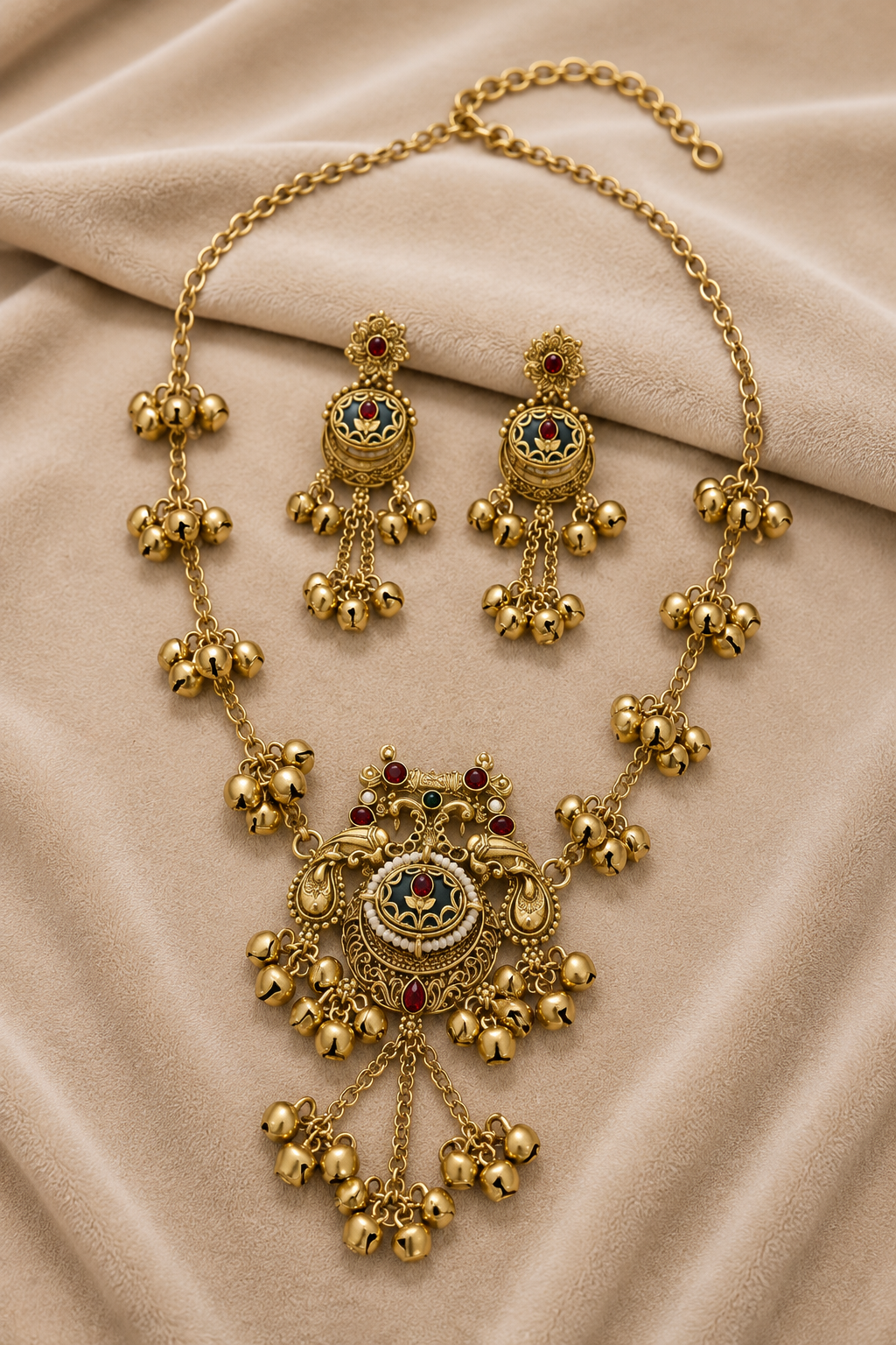 Gold-Tone Anti-Tarnish Long Necklace Set With Peacock Design
