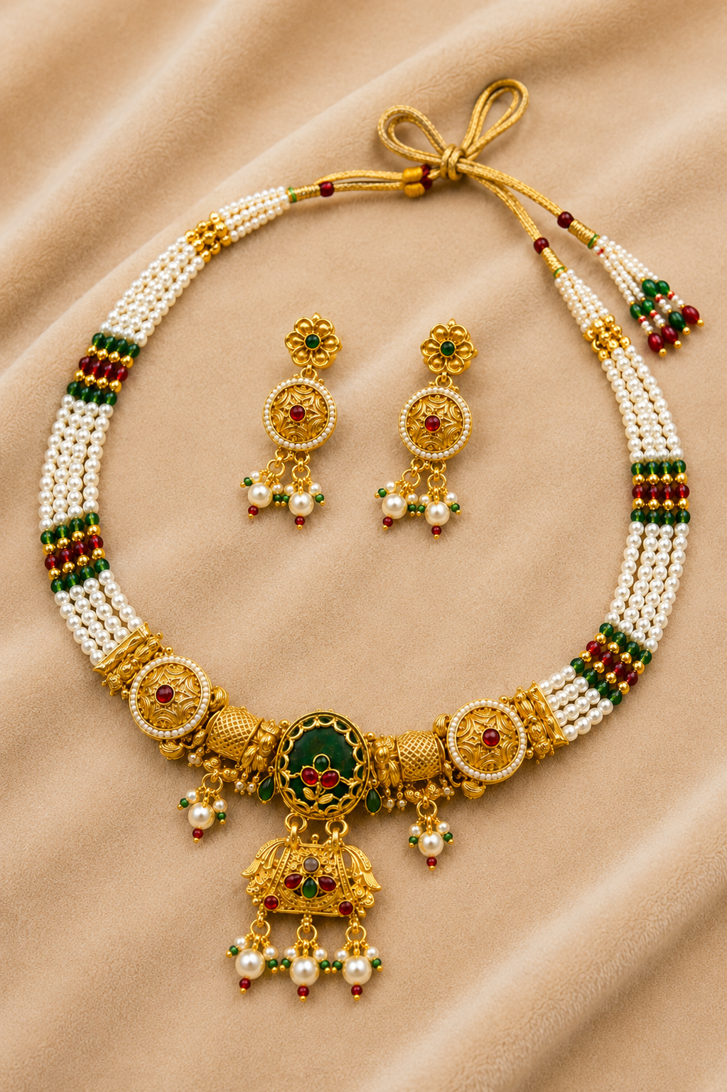 Gold-Tone Traditional Elephant Motif White Beaded Choker Necklace Set with Red & Green Stones