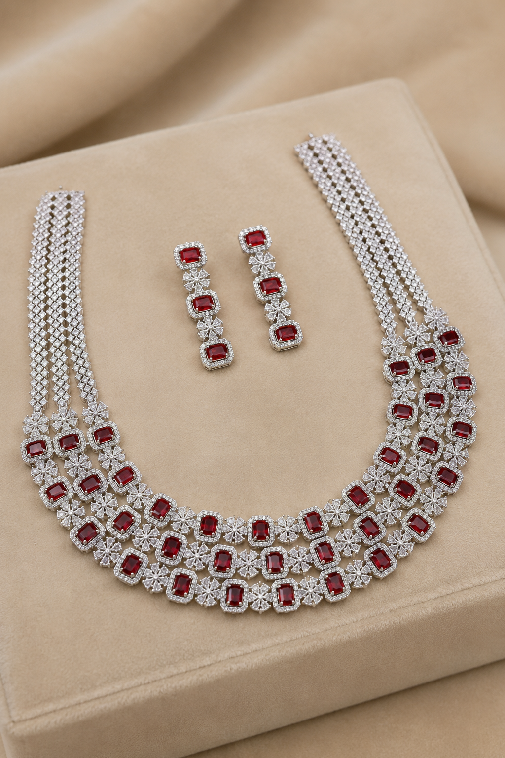 Ruby American Diamond 3-Layer Grand Necklace with Earrings Jewellery Set