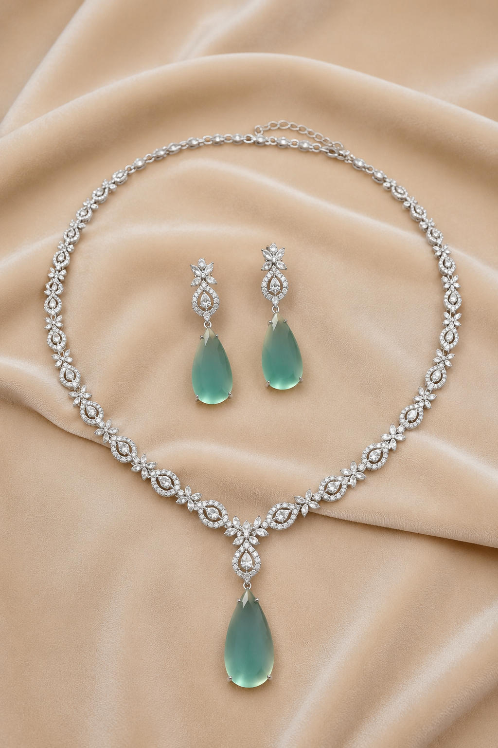 Sea Blue American Diamond Necklace with Earrings Jewellery Set