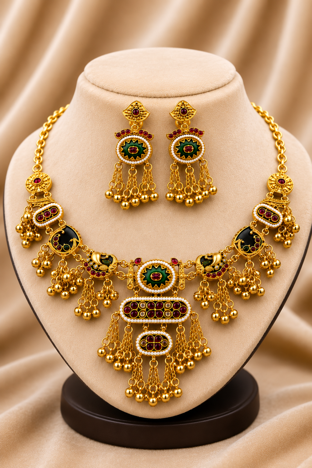Gold-Tone Necklace Set With Red & Green Temple Design