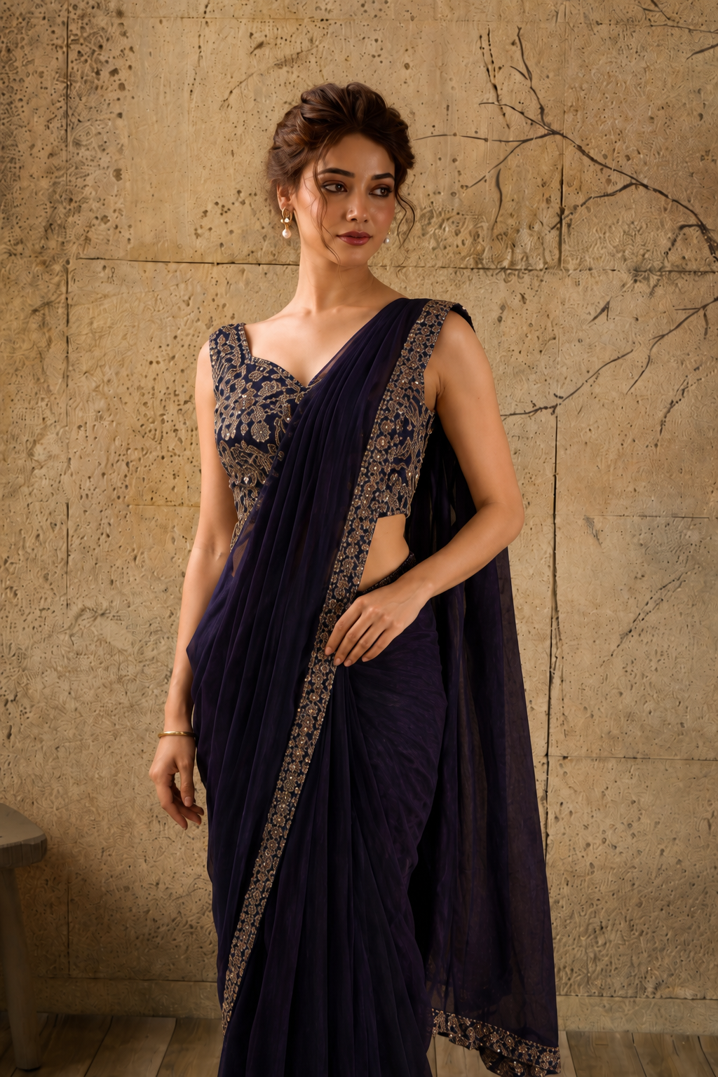 Black Georgette Pre-Draped Saree with Embroidered Border With Ready To Wear Blouse