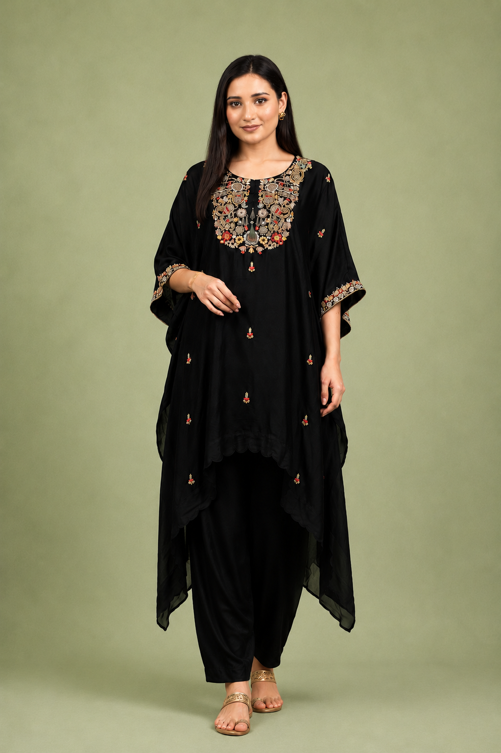 Black Georgette Kurta Set with Multicolor Floral Embroidery & Handwork Detailing