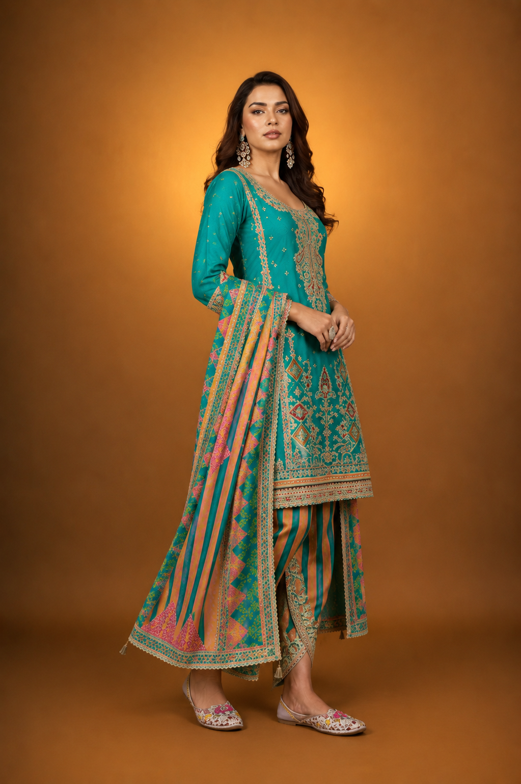 Green Silk Suit with Zari Embroidery with Designer Dhoti Pant & Dupatta