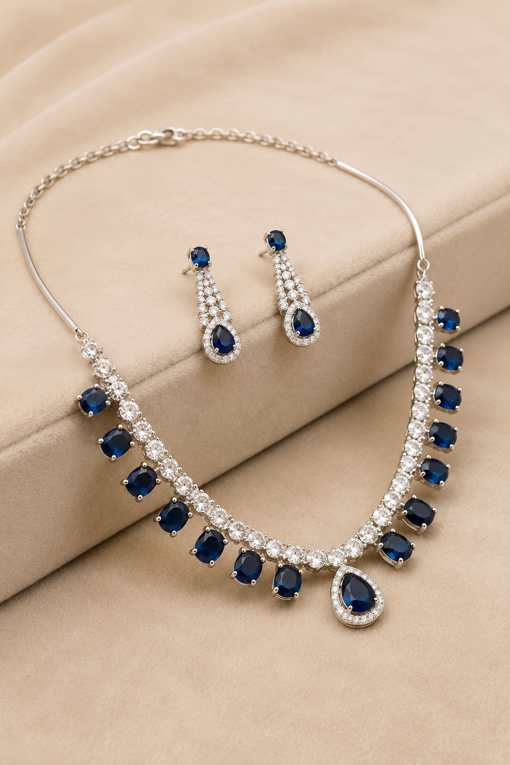 Emerald Teardrop Stone Necklace Set with American Diamond Detailing