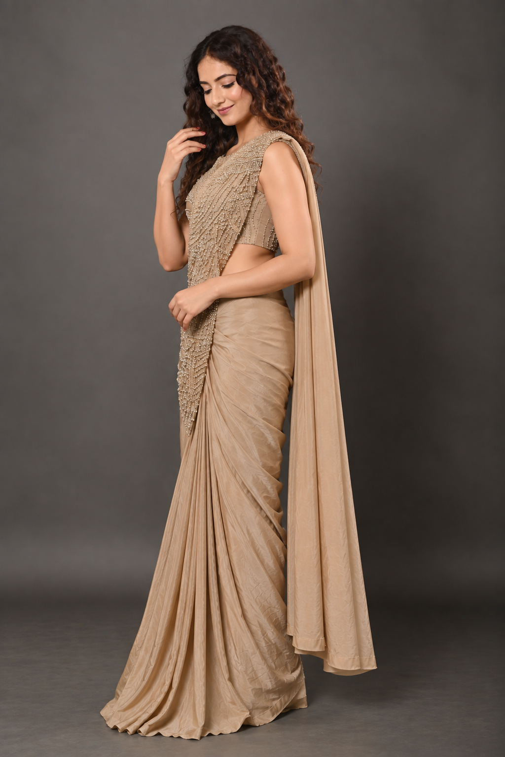 Champagne Beige Lycra Pre-Draped Saree with Sequin Embroidered Blouse