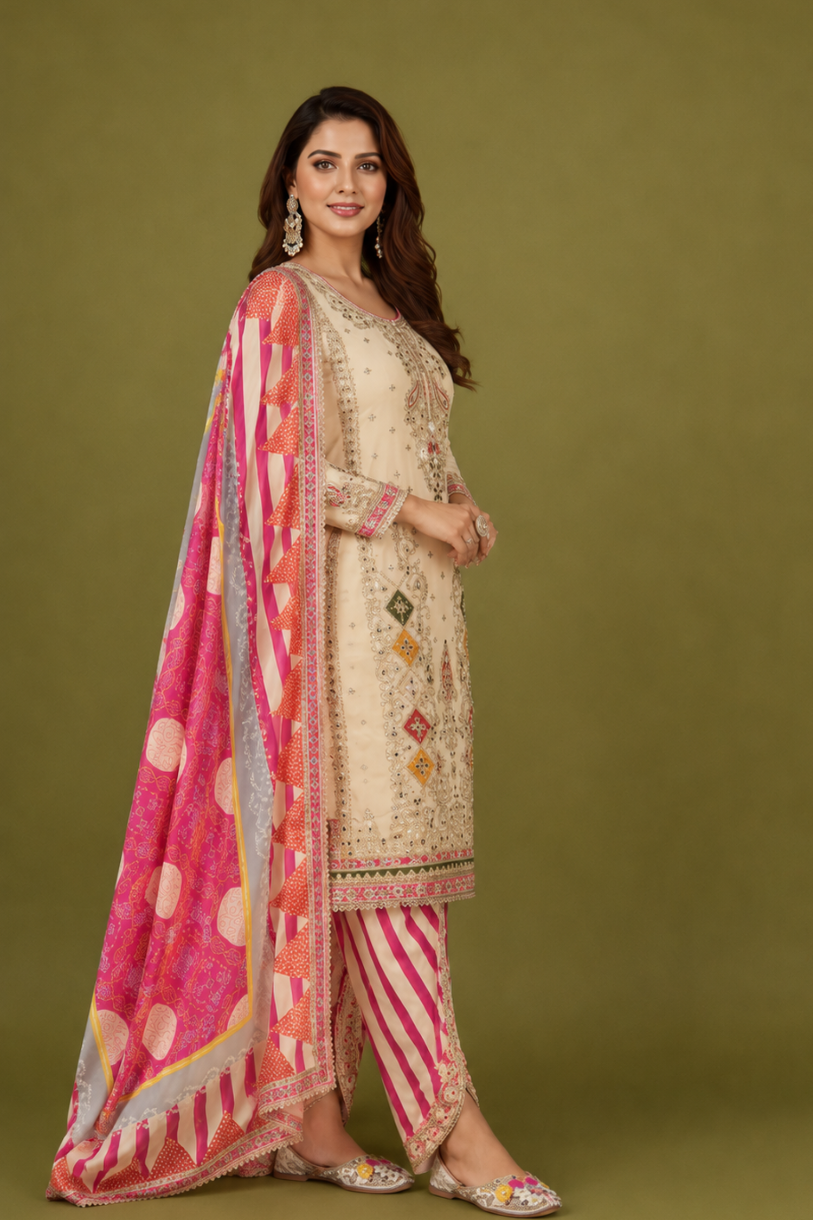 Cream-Pink Silk Suit with Zari Embroidery with Designer Dhoti Pant & Dupatta