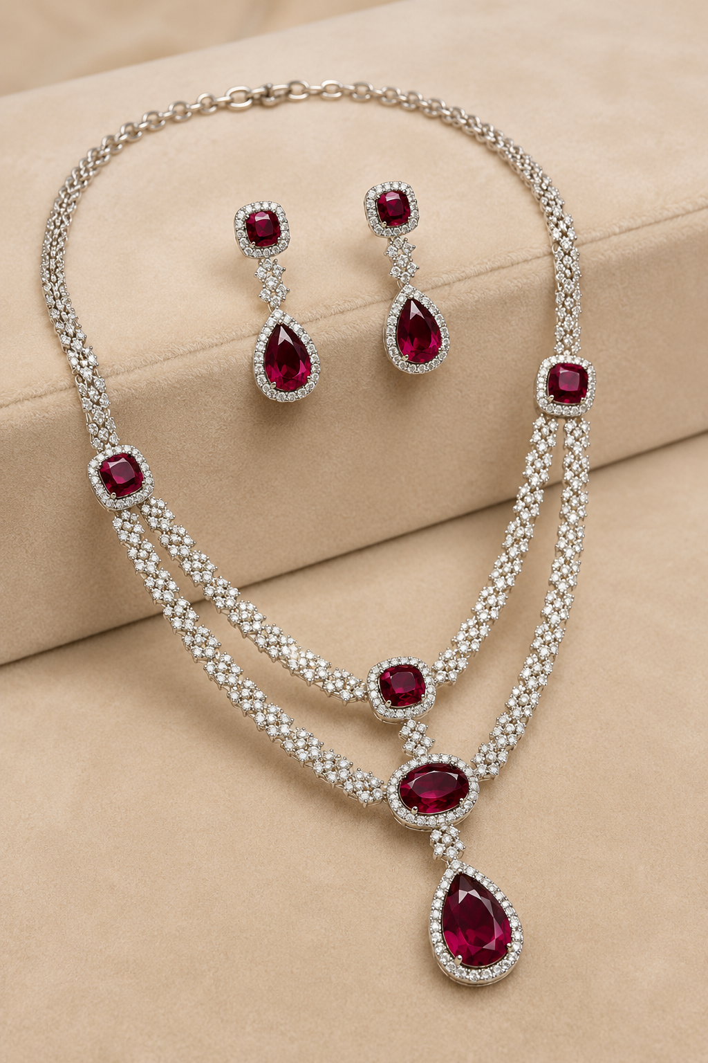 Ruby Oval-Cut Necklace Set with American Diamond Detailing