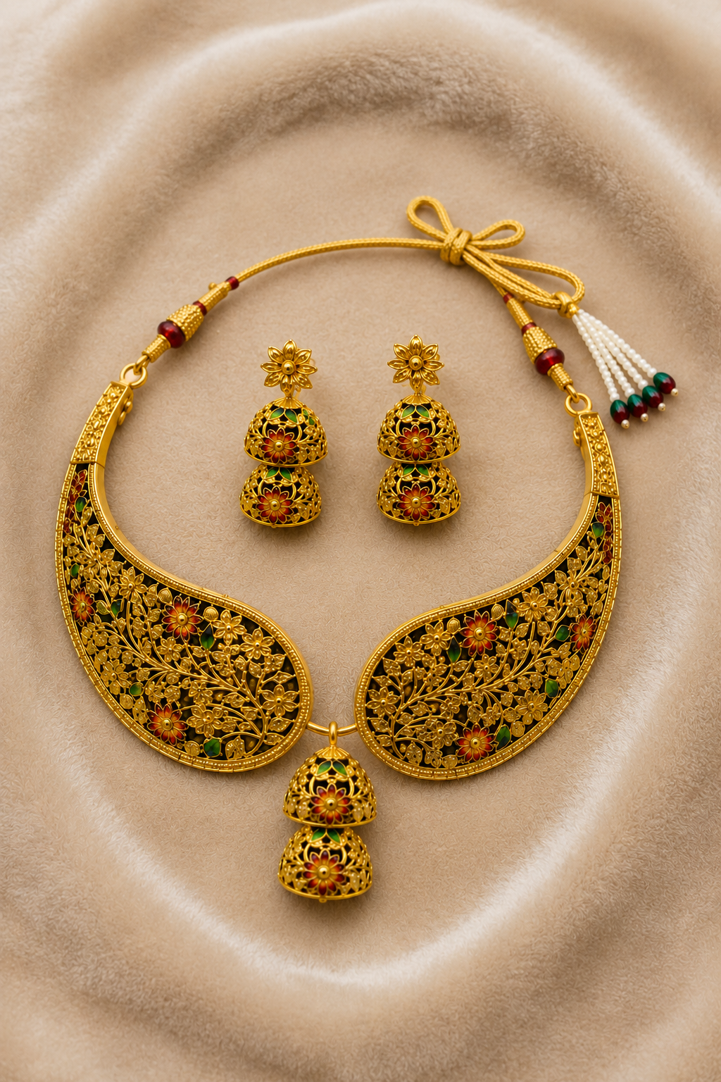 Gold-Tone Traditional Floral Filigree Choker Necklace Set with Red & Green Meenakari