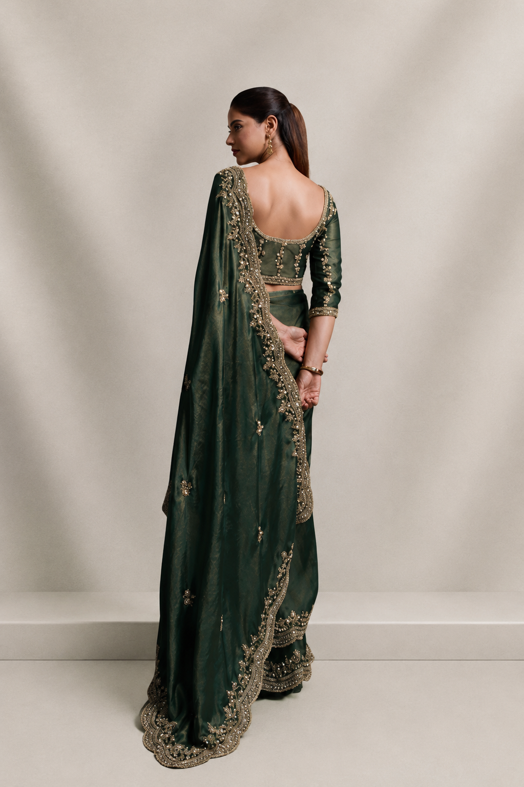 Olive Green Organza Silk Saree with Hand Embroidery with Stitched Blouse