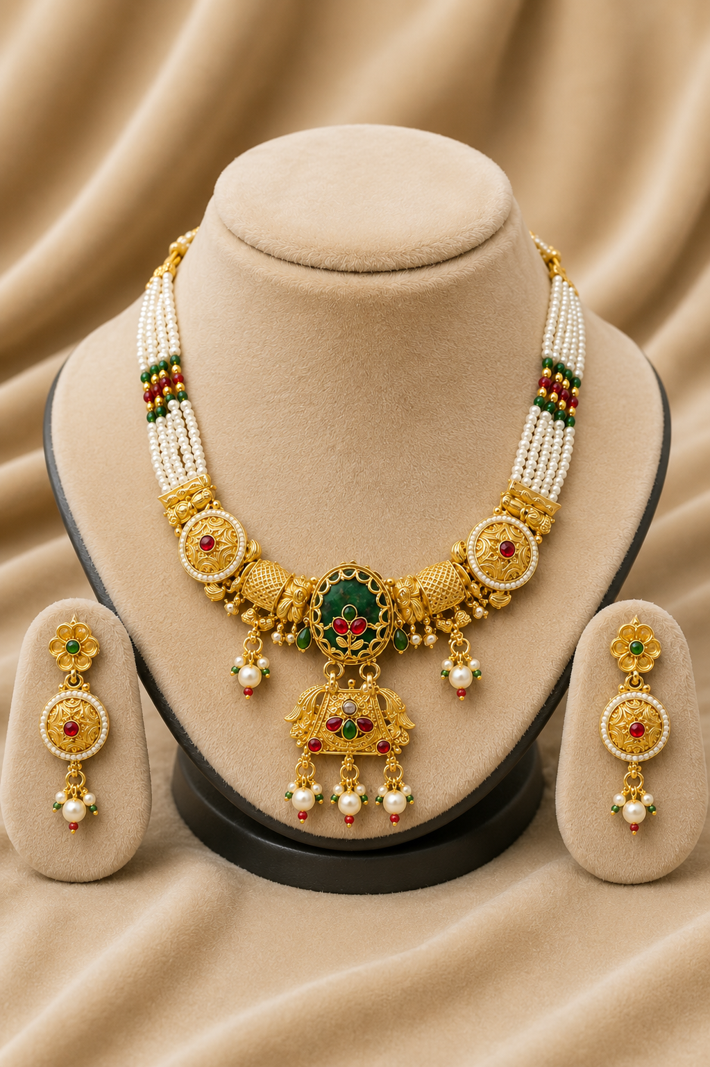Gold-Tone Traditional Elephant Motif White Beaded Choker Necklace Set with Red & Green Stones