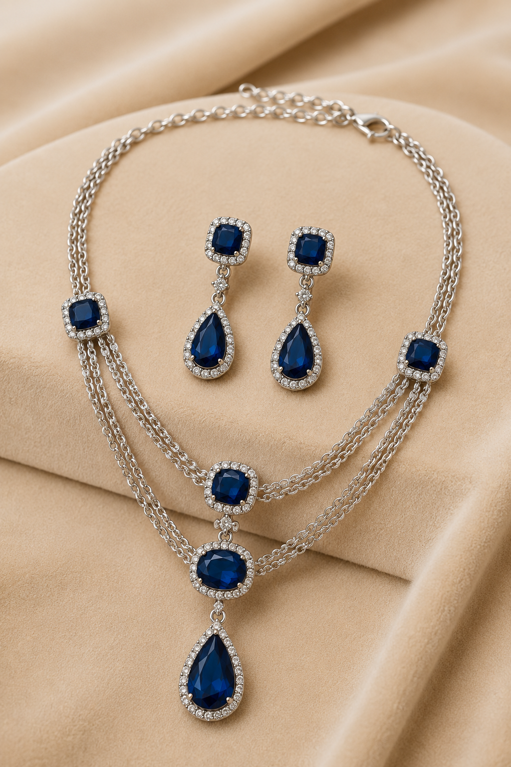 Sapphire Oval-Cut Necklace Set with American Diamond Detailing