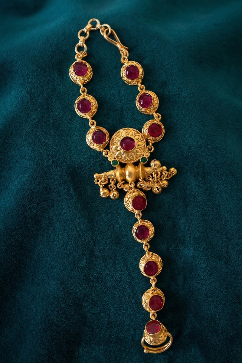 Royal Red Stone Golden Hathphool Bracelet with Jhumka Drop