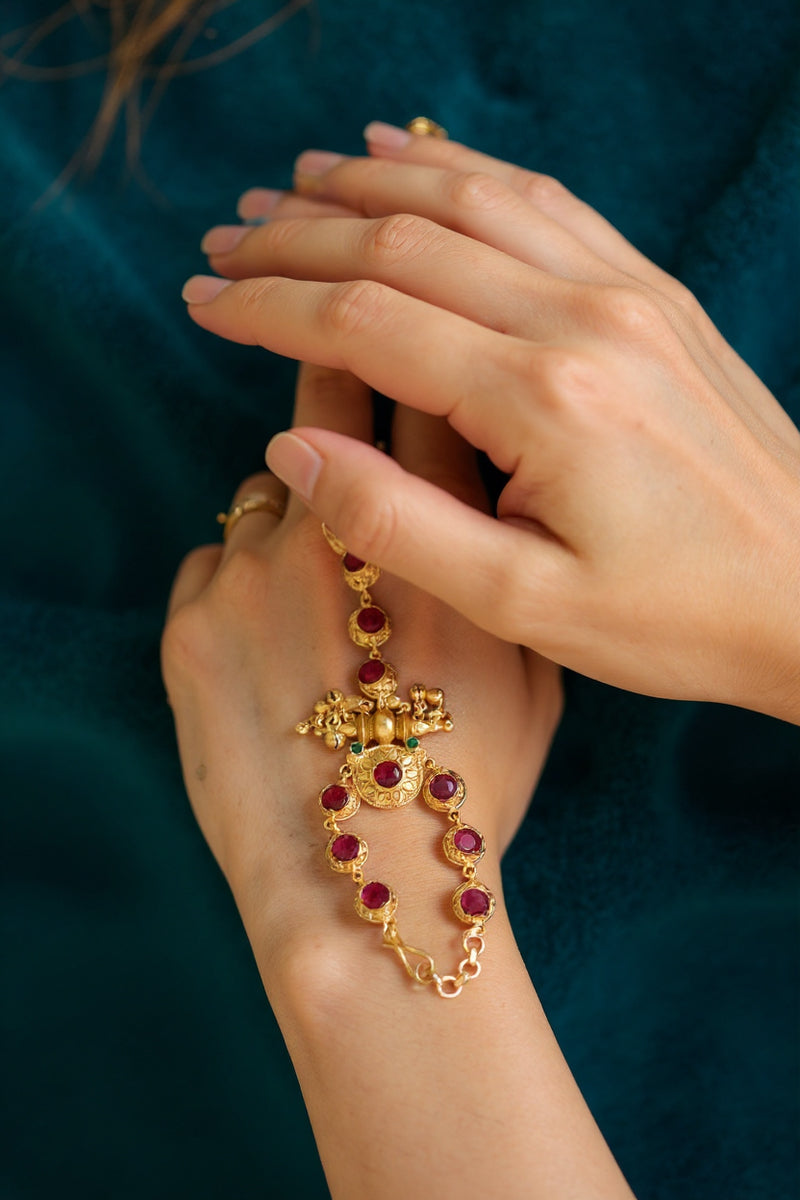 Royal Red Stone Golden Hathphool Bracelet with Jhumka Drop