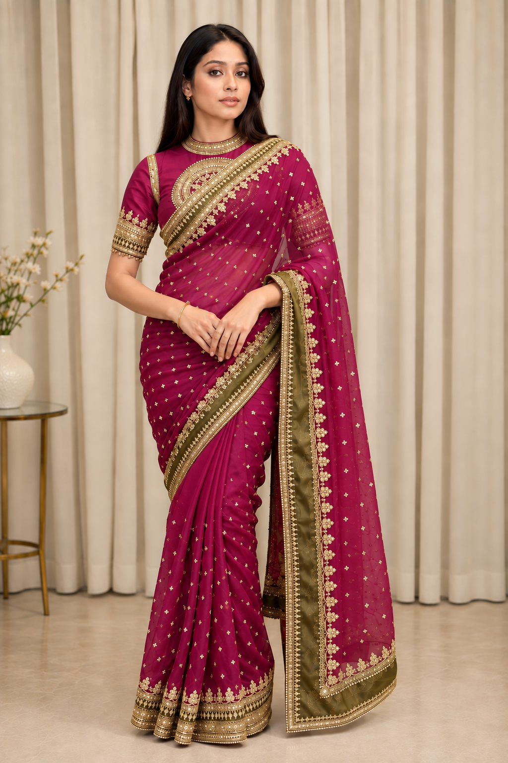 Magenta Pink Organza Saree with Rich Embroidered Gold Border