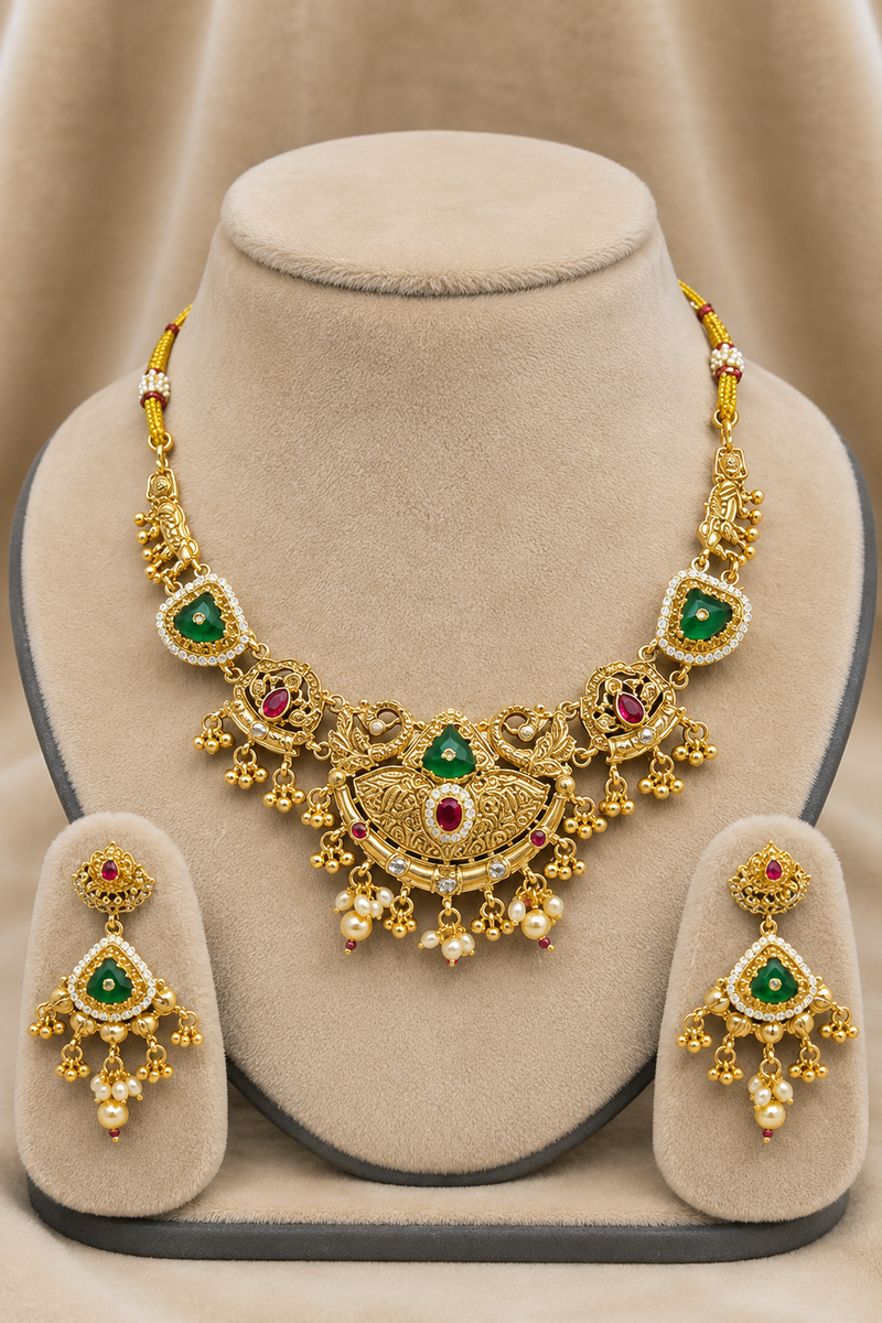 Gold Peacock Temple Necklace Set with Green & Ruby Stones and Pearl Drops