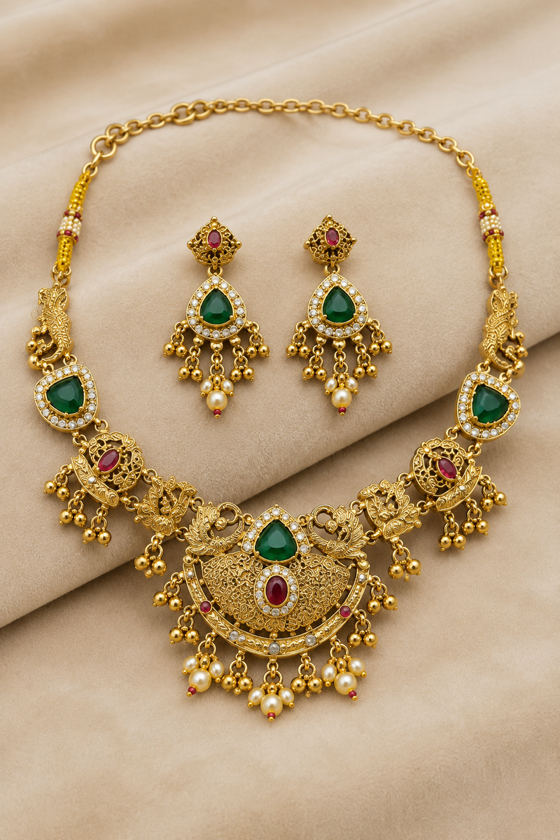 Gold Peacock Temple Necklace Set with Green & Ruby Stones and Pearl Drops