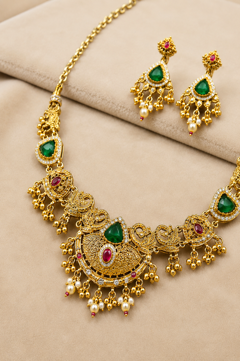 Gold Peacock Temple Necklace Set with Green & Ruby Stones and Pearl Drops