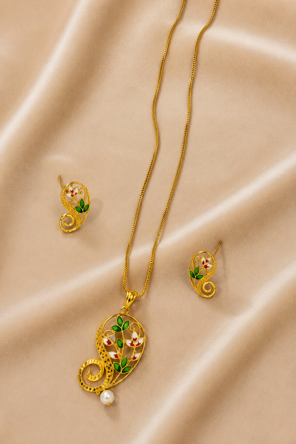 Gold-Tone Pendant Set Pink & Green Enamel Floral Pearl with Earrings