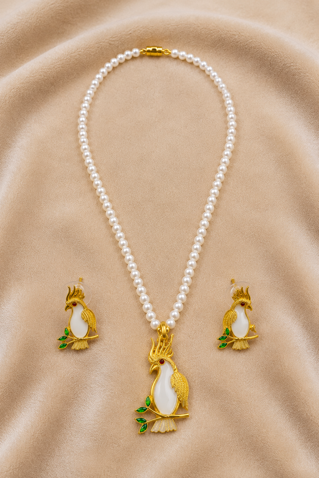 Gold-Tone White Enamel Cockatoo Bird Pearl Necklace Set with Matching Earrings