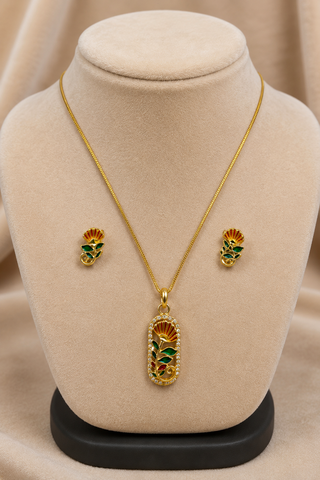 Gold-Tone CZ Floral Pendant Necklace Set with Green & Red Enamel Leaves