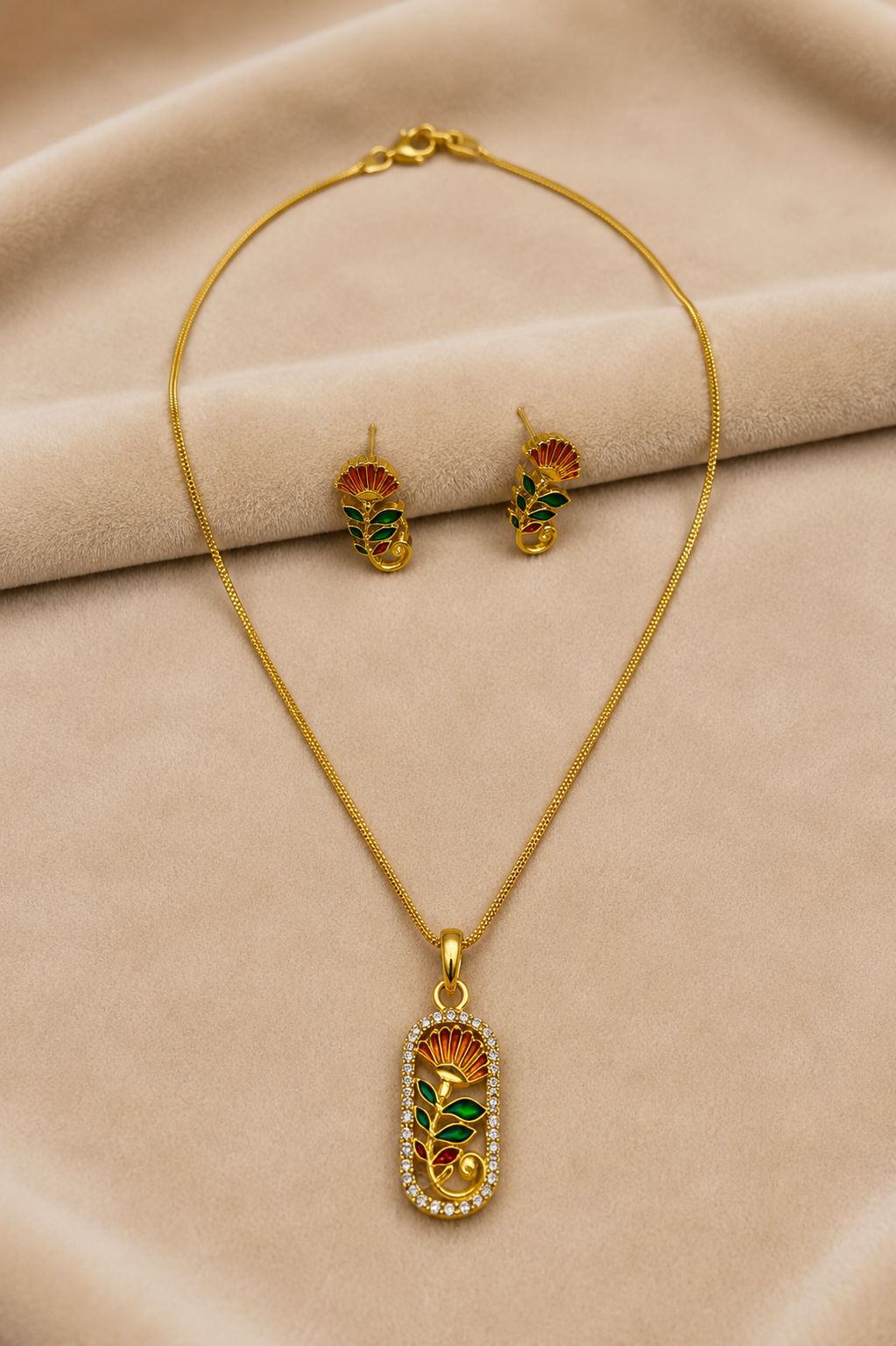 Gold-Tone CZ Floral Pendant Necklace Set with Green & Red Enamel Leaves
