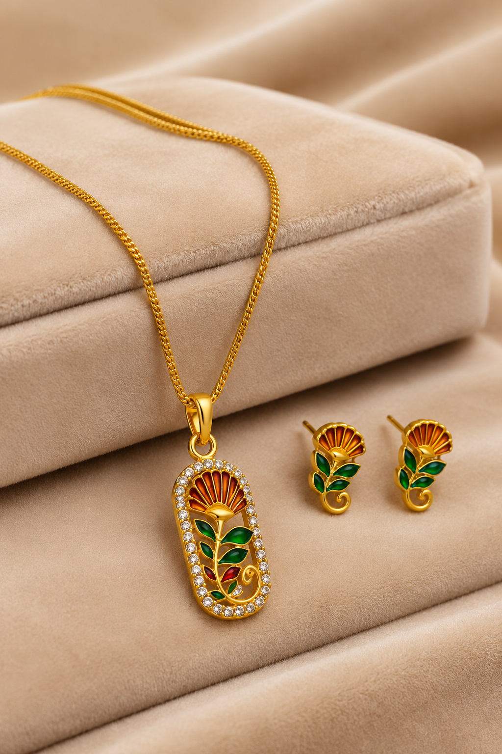 Gold-Tone CZ Floral Pendant Necklace Set with Green & Red Enamel Leaves