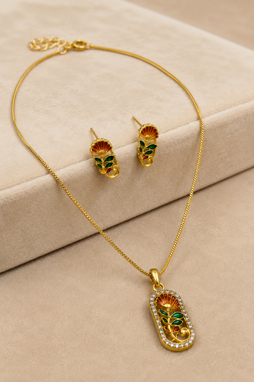 Gold-Tone CZ Floral Pendant Necklace Set with Green & Red Enamel Leaves