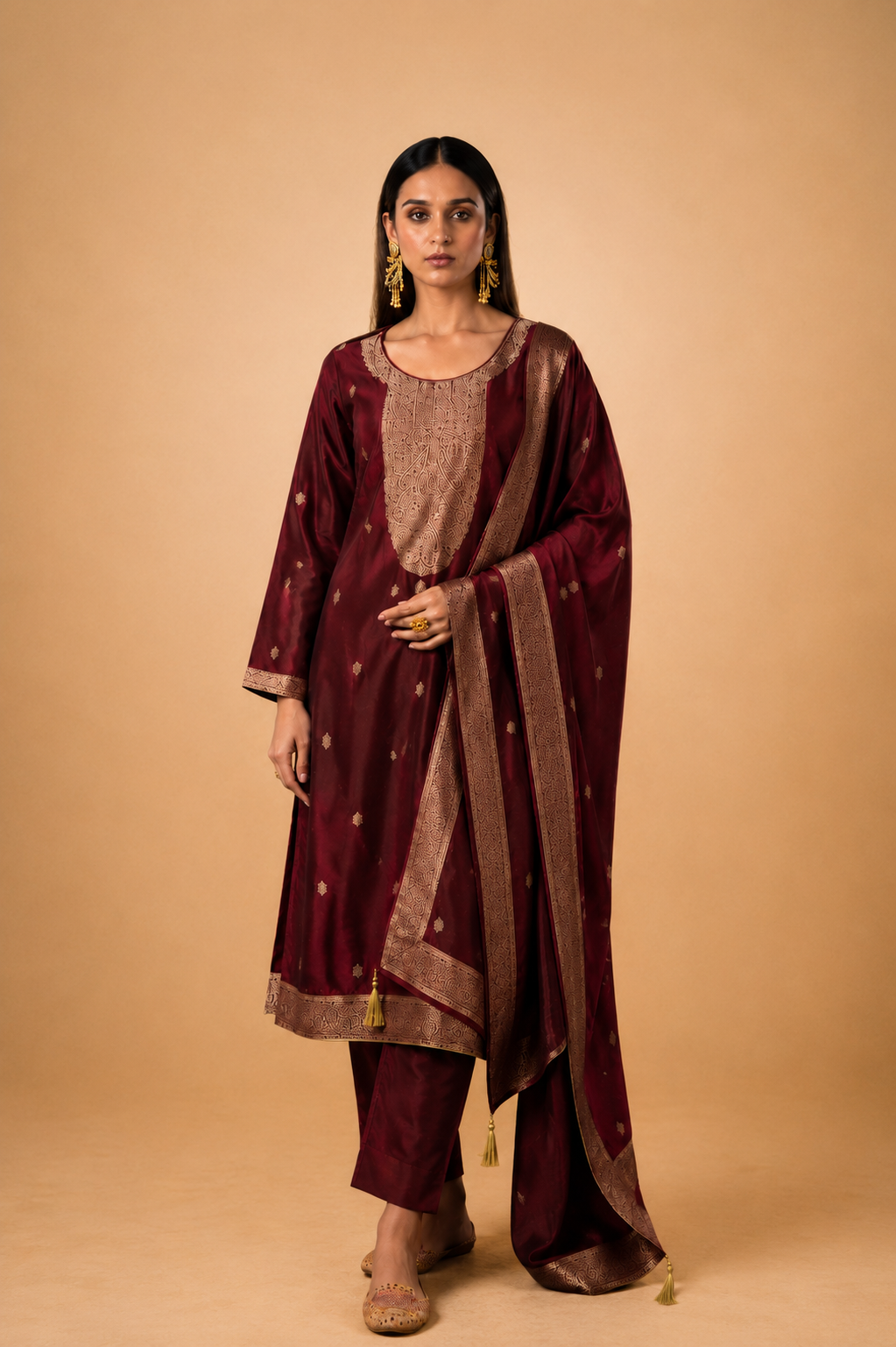 Wine Maroon Premium Viscose Woven Silk Jacquard Suit Set with Hand Work Design