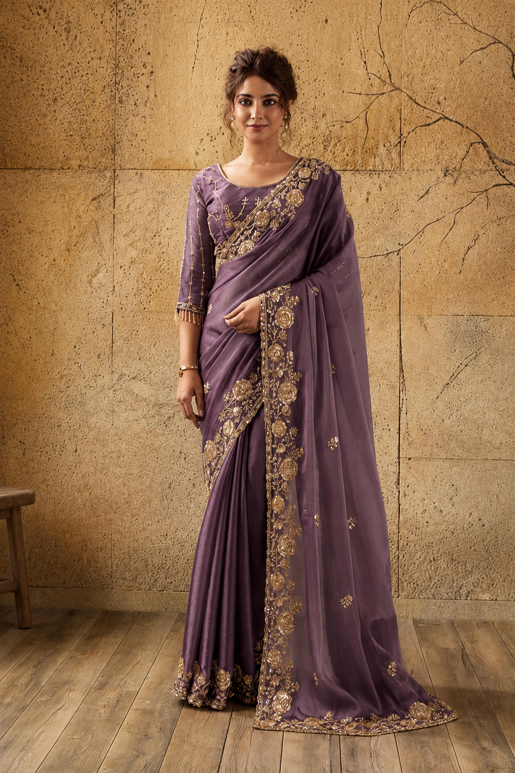 Mauve Purple Organza Saree with Floral Hand Embroidery