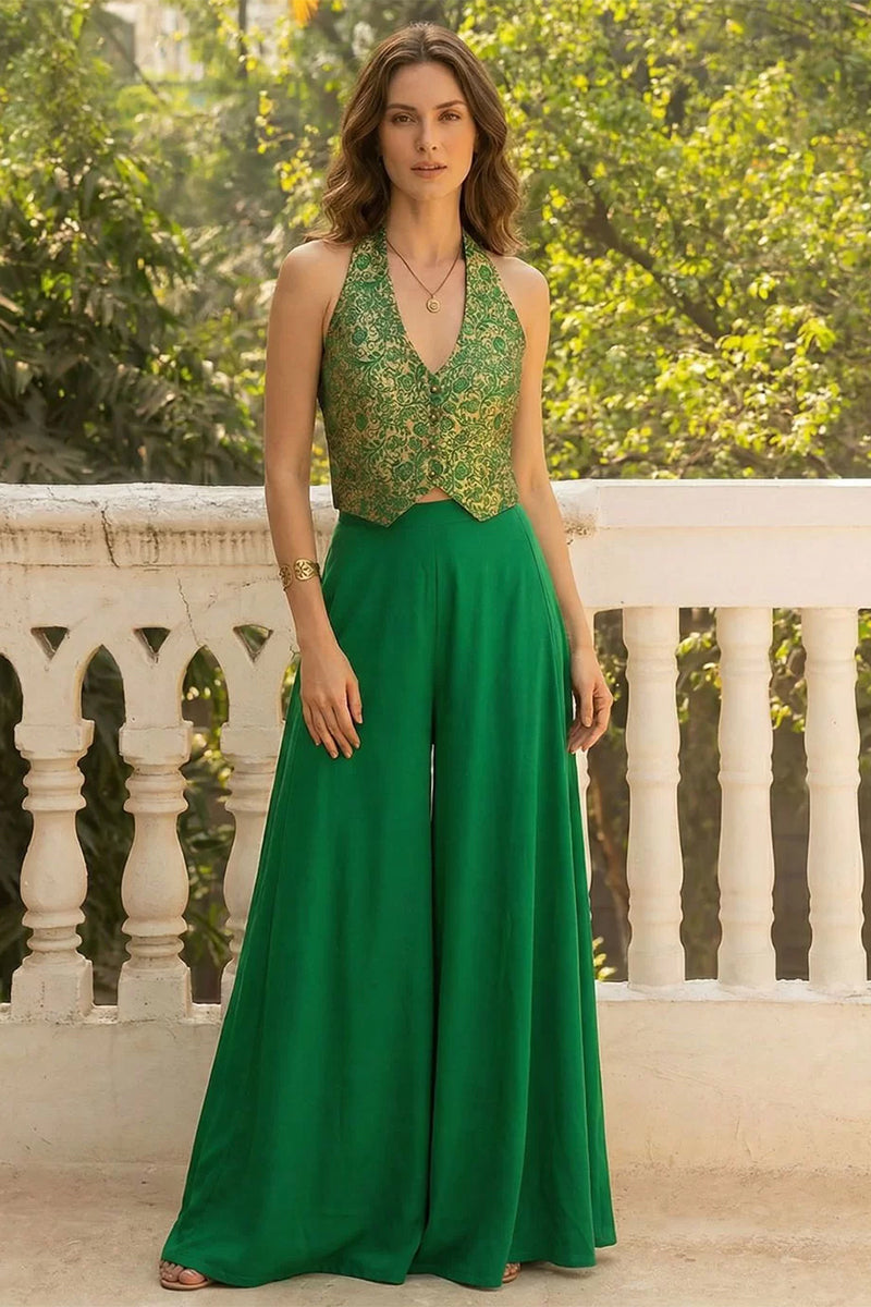 Emerald Green Jacquard Waistcost with Flared Crepe Palazzo Set Emerald Green Jacquard Waistcost with Flared Crepe Palazzo Set