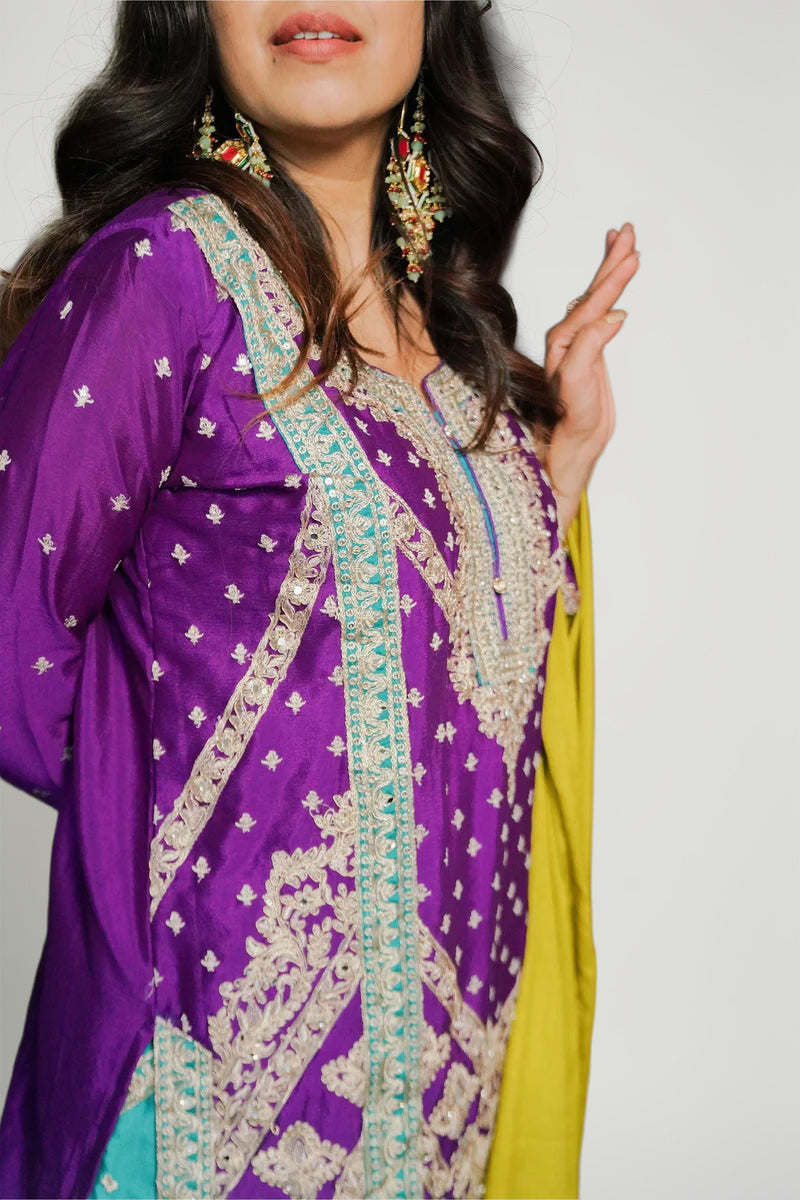 Purple Georgette Embroidered Suit with Sea Green Pants and Shiny Olive Green Dupatta