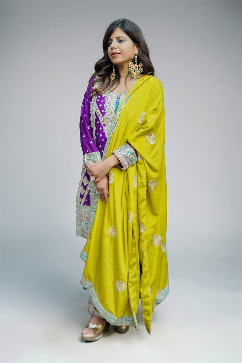 Purple Georgette Embroidered Suit with Sea Green Pants and Shiny Olive Green Dupatta