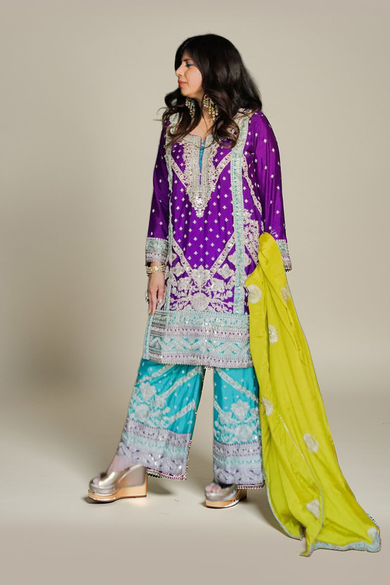 Purple Georgette Embroidered Suit with Sea Green Pants and Shiny Olive Green Dupatta